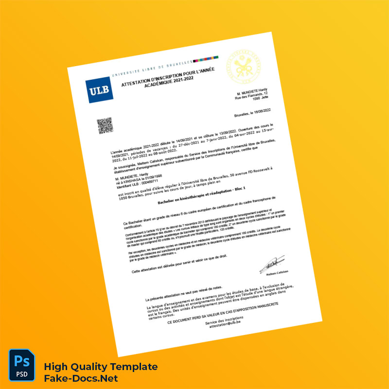 Belgium Université libre de Bruxelles Registration Certificate Template in Word and PDF formats 2 page Belgium Université libre de Bruxelles Registration Certificate Template in Word and PDF formats 2 page