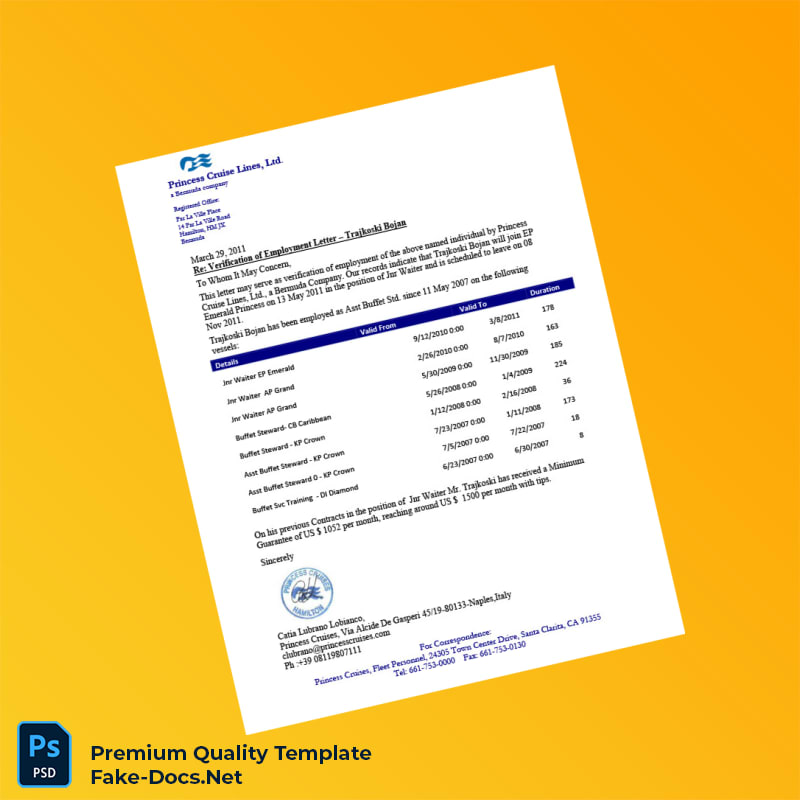 Bermuda Princess Cruises Proof of Employment Letter Template (Word & PDF) Bermuda Princess Cruises Proof of Employment Letter Template (Word & PDF)