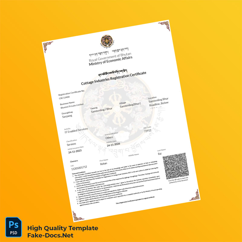 Bhutan Ministry of Economic Affairs Cottage Industry Registration Certificate Template in Word and PDF formats Bhutan Ministry of Economic Affairs Cottage Industry Registration Certificate Template in Word and PDF formats