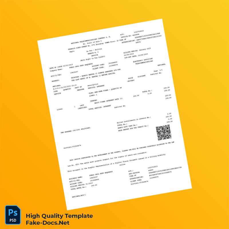 Bolivia National Telecommunications Company S A Invoice Template in Word and PDF formats Bolivia National Telecommunications Company S A Invoice Template in Word and PDF formats