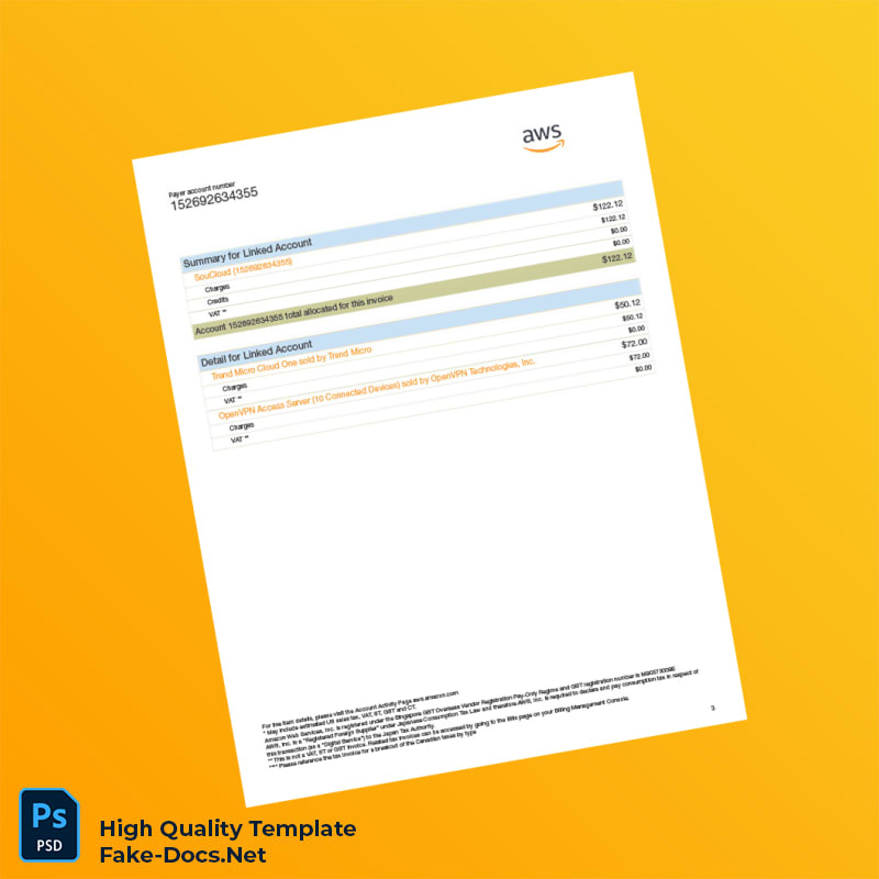 Brazil Amazon Web Services Invoice Template in Word and PDF formats 3 page Brazil Amazon Web Services Invoice Template in Word and PDF formats 3 page