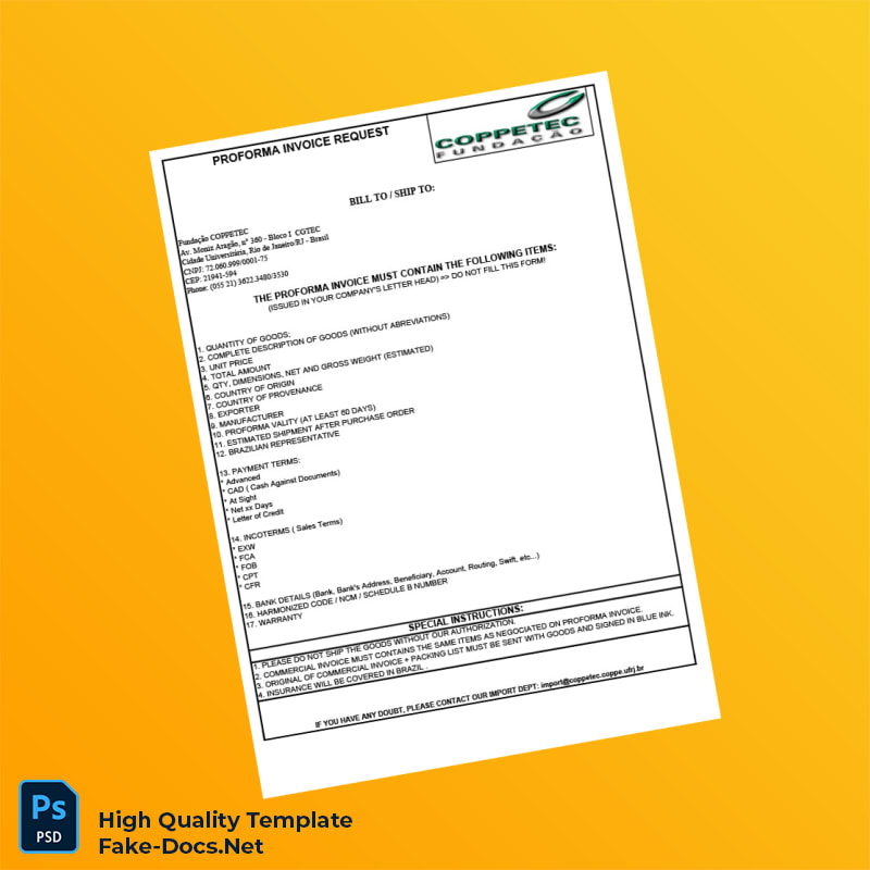 Brazil Fundação COPPETEC Proforma Invoice Template in Word and PDF formats Brazil Fundação COPPETEC Proforma Invoice Template in Word and PDF formats