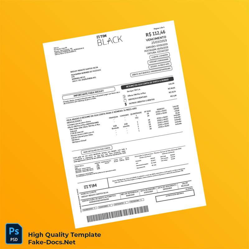Brazil TIM Invoice Template in Word and PDF formats 6 page Brazil TIM Invoice Template in Word and PDF formats 6 page