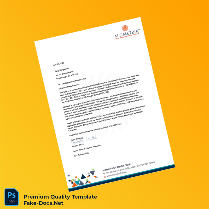 Canada Altimetrik Canada Corp Employment Verification Letter Template (Word & PDF) Canada Altimetrik Canada Corp Employment Verification Letter Template (Word & PDF)