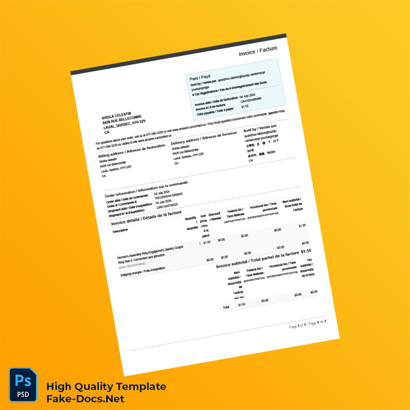 Canada Amazon Invoice Template in Word and PDF formats Canada Amazon Invoice Template in Word and PDF formats