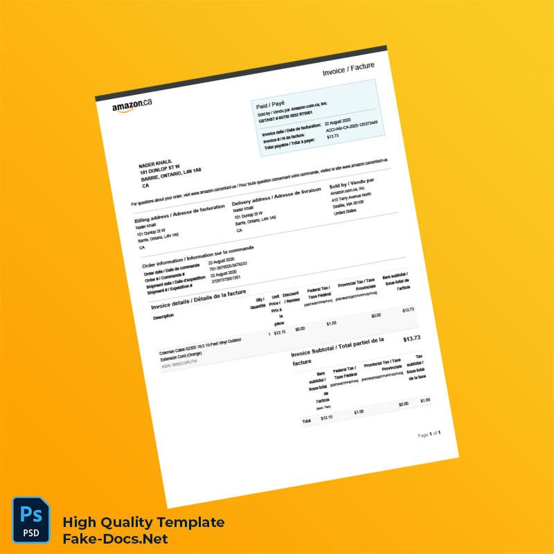 Canada Amazon com Inc Invoice Template in Word and PDF formats Canada Amazon com Inc Invoice Template in Word and PDF formats
