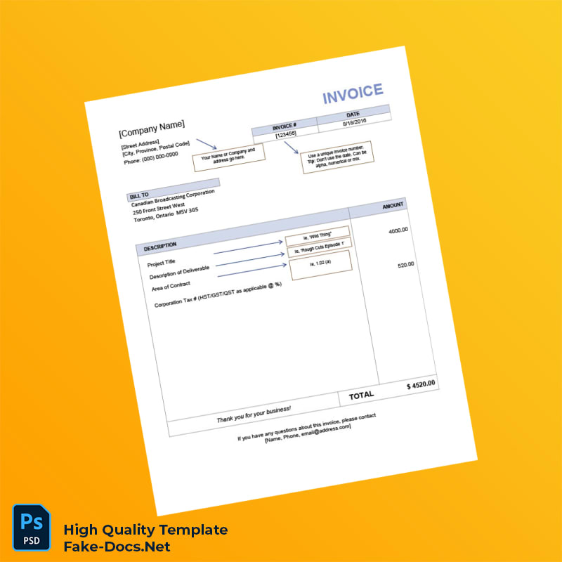 Canada Canadian Broadcasting Corporation Invoice Template in Word and PDF formats Canada Canadian Broadcasting Corporation Invoice Template in Word and PDF formats