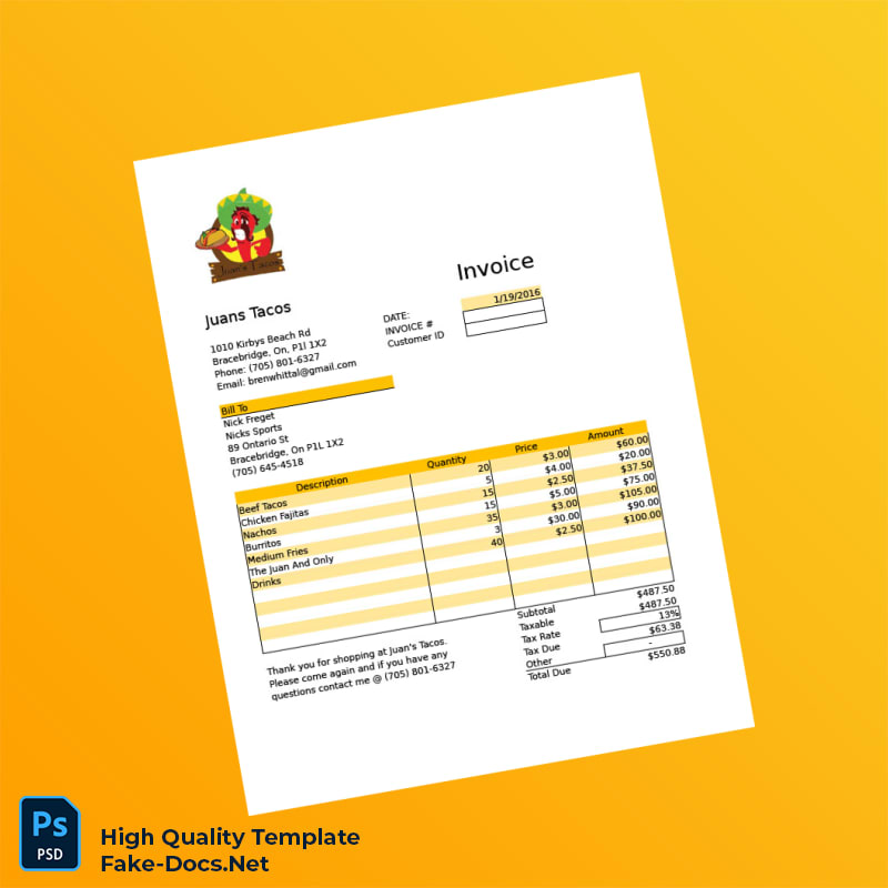 Canada Juan s Tacos Invoice Template in Word and PDF formats Canada Juan s Tacos Invoice Template in Word and PDF formats
