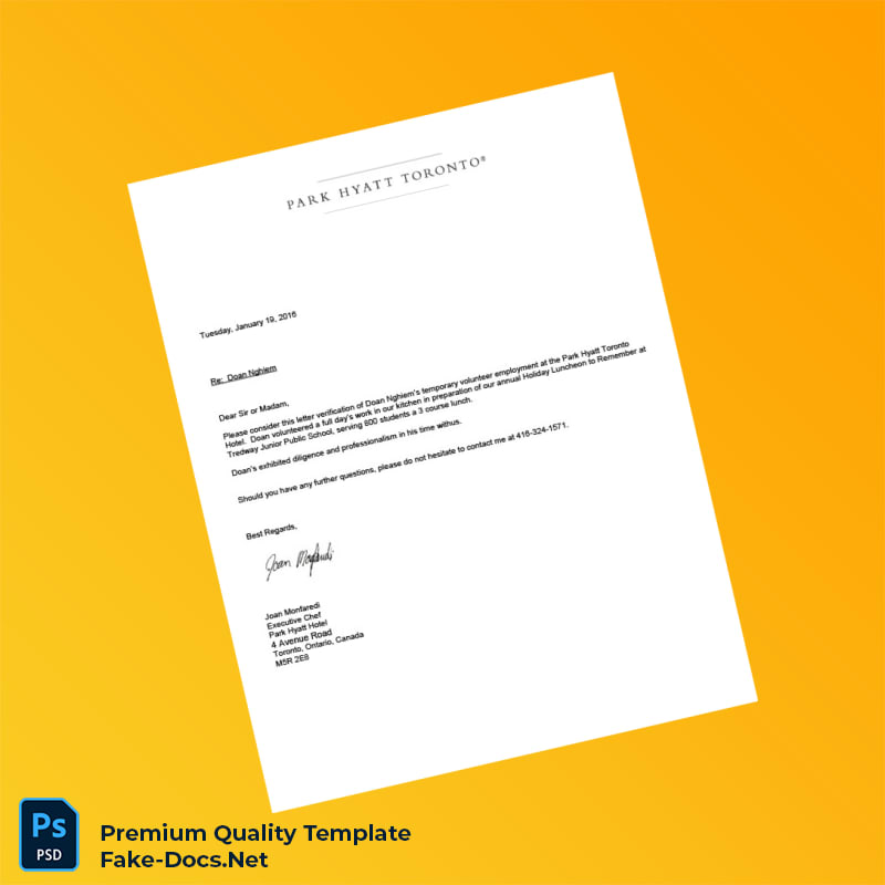 Canada Park Hyatt Toronto Employment Verification Letter Template (Word & PDF) Canada Park Hyatt Toronto Employment Verification Letter Template (Word & PDF)