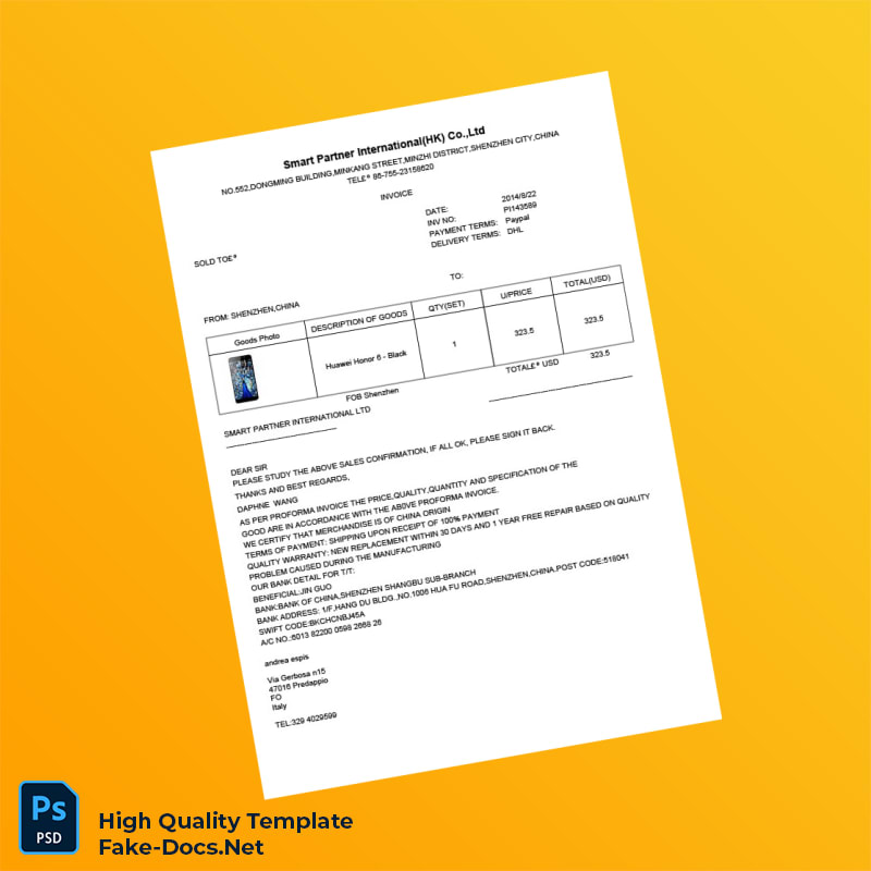 China Smart Partner International Ltd Invoice Template in Word and PDF formats China Smart Partner International Ltd Invoice Template in Word and PDF formats