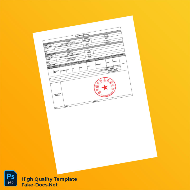China Yantai Kunlong Trading Co Ltd Proforma Invoice Template in Word and PDF formats China Yantai Kunlong Trading Co Ltd Proforma Invoice Template in Word and PDF formats