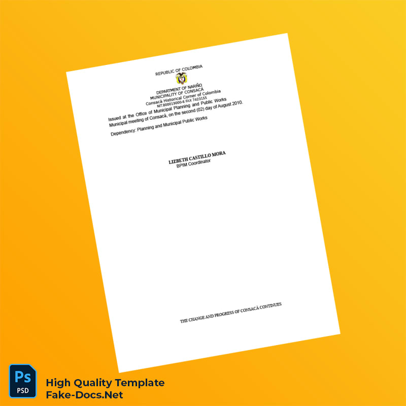 Colombia Municipality of Consacá Project Bank Registration Certificate Template in Word and PDF formats 2 page Colombia Municipality of Consacá Project Bank Registration Certificate Template in Word and PDF formats 2 page