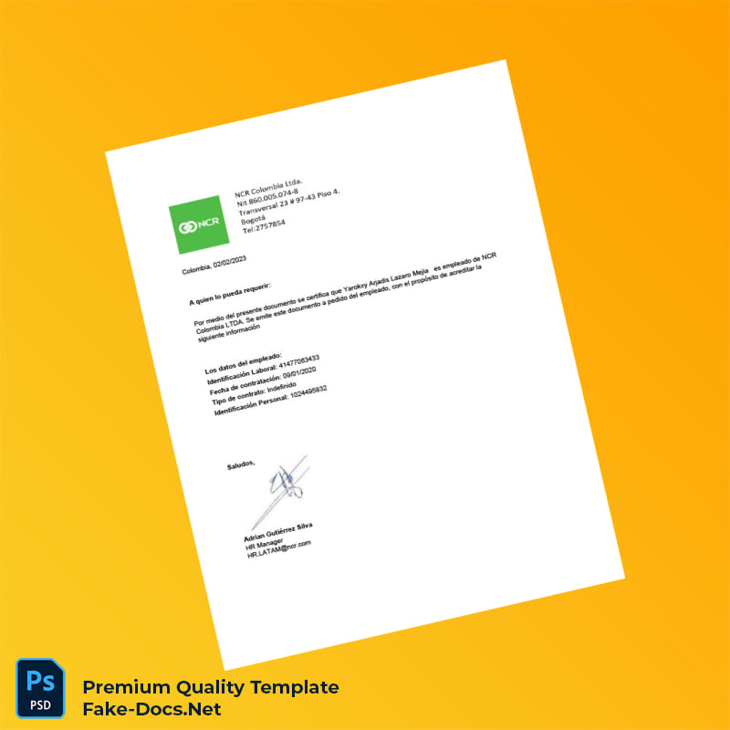 Colombia NCR Colombia LTDA Employment Verification Letter Template (Word & PDF) Colombia NCR Colombia LTDA Employment Verification Letter Template (Word & PDF)
