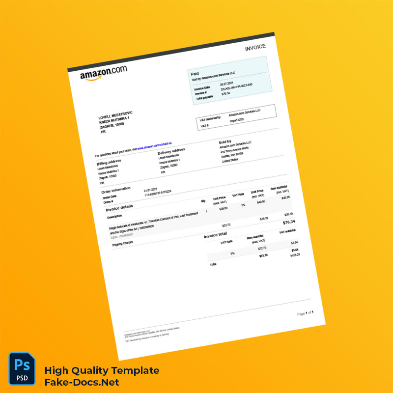 Croatia Amazon com Services LLC Invoice Template in Word and PDF formats Croatia Amazon com Services LLC Invoice Template in Word and PDF formats