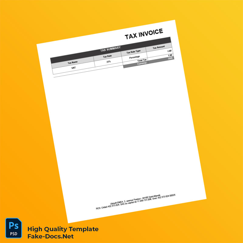 Denmark Ubisoft Tax Invoice Template in Word and PDF formats 2 page Denmark Ubisoft Tax Invoice Template in Word and PDF formats 2 page