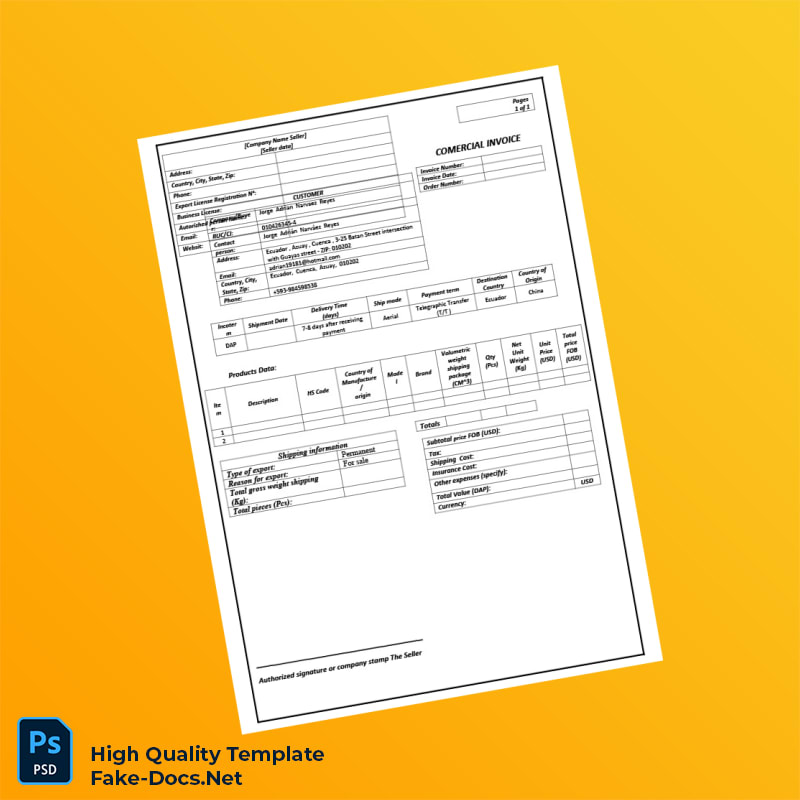 Ecuador Invoice Template in Word and PDF formats Ecuador Invoice Template in Word and PDF formats