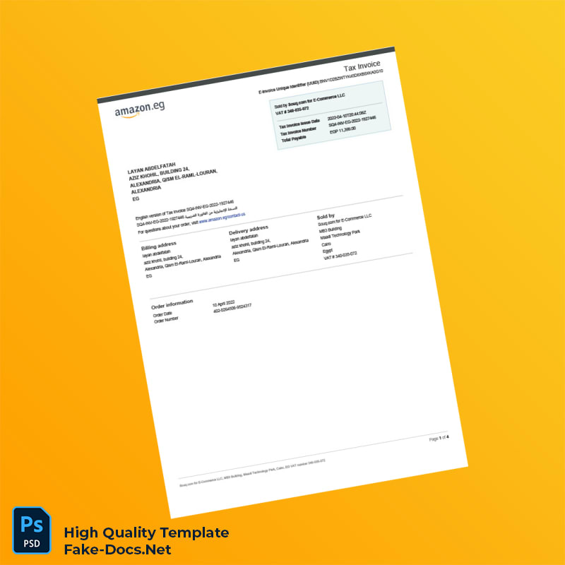Egypt Amazon Invoice Template in Word and PDF formats 4 page Egypt Amazon Invoice Template in Word and PDF formats 4 page