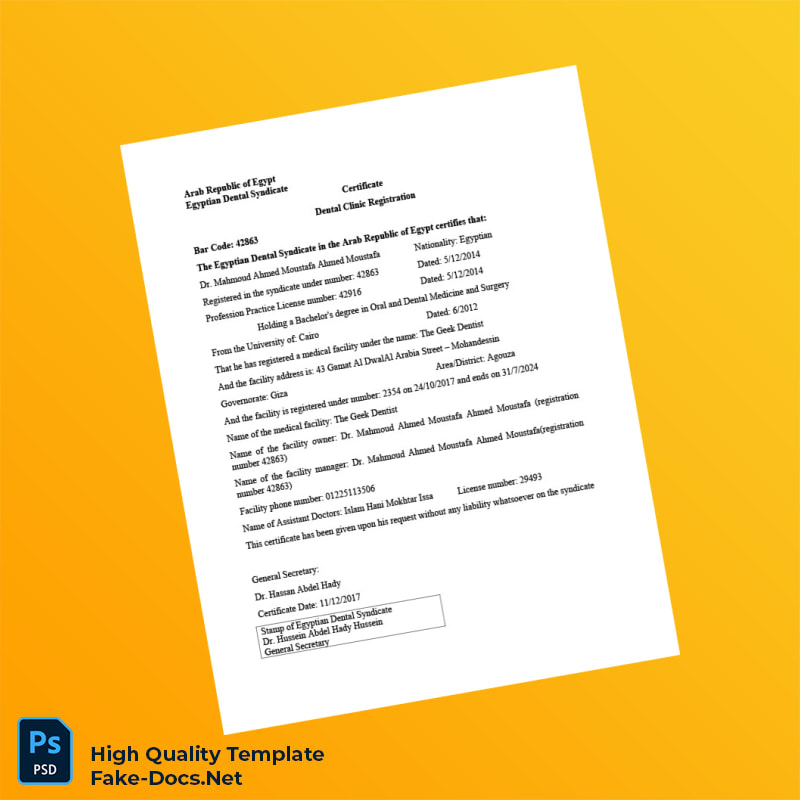 Egypt Dental Syndicate Dental Clinic Registration Certificate Template in Word and PDF formats Egypt Dental Syndicate Dental Clinic Registration Certificate Template in Word and PDF formats