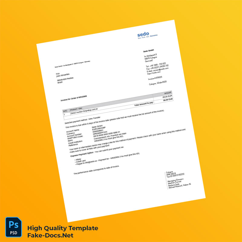 Germany Sedo GmbH Invoice Template in Word and PDF formats Germany Sedo GmbH Invoice Template in Word and PDF formats
