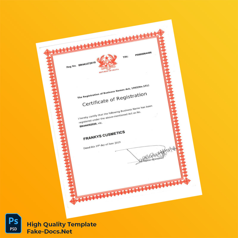 Ghana Business Registration Certificate Template in Word and PDF formats 4 page Ghana Business Registration Certificate Template in Word and PDF formats 4 page