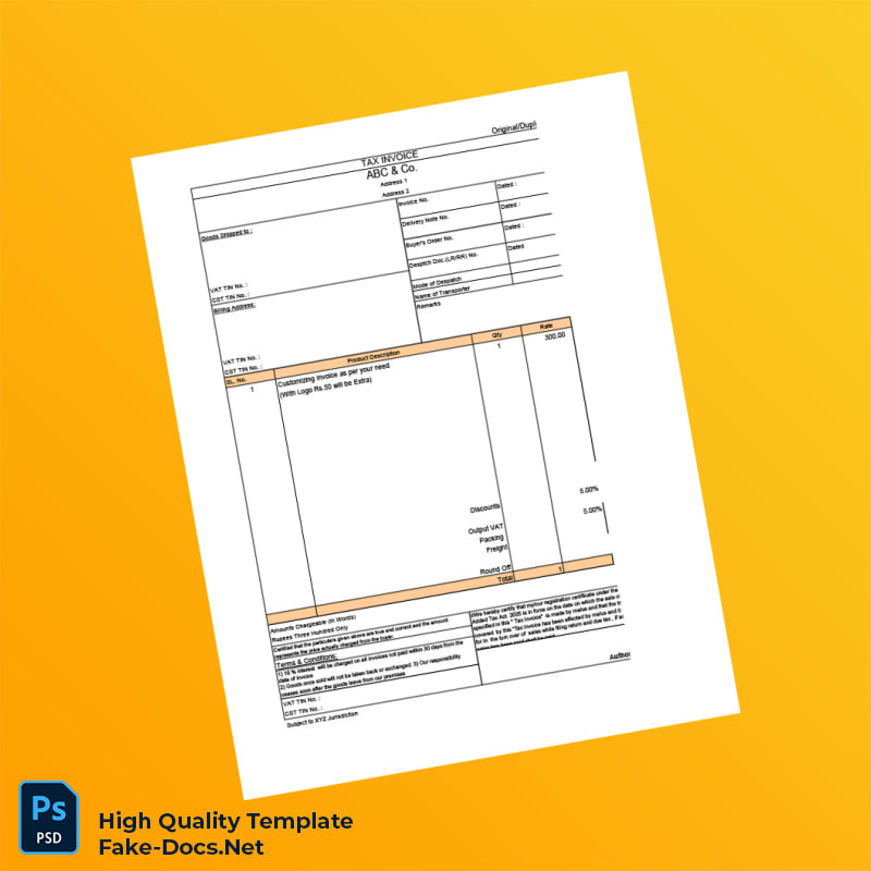 India ABC Co Invoice Template in Word and PDF formats 2 page India ABC Co Invoice Template in Word and PDF formats 2 page