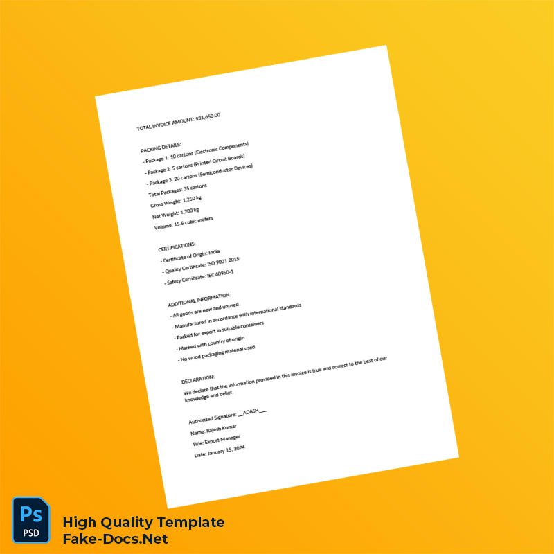 India ABC Trading Company Ltd Commercial Invoice Template in Word and PDF formats 4 page India ABC Trading Company Ltd Commercial Invoice Template in Word and PDF formats 4 page