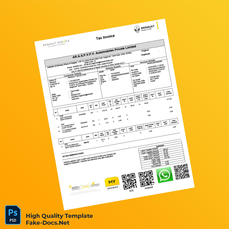 India AR A S P V P V Automobiles Private Limited Tax Invoice Template in Word and PDF formats 4 page India AR A S P V P V Automobiles Private Limited Tax Invoice Template in Word and PDF formats 4 page