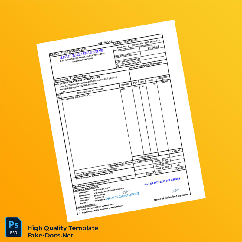 India ARJ IT Tech Solutions Invoice Template in Word and PDF formats 2 page India ARJ IT Tech Solutions Invoice Template in Word and PDF formats 2 page