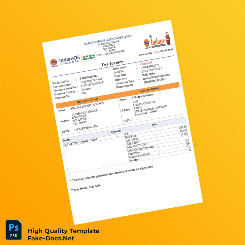 India ARJUNA INDANE AGENCY Tax Invoice Template in Word and PDF formats India ARJUNA INDANE AGENCY Tax Invoice Template in Word and PDF formats