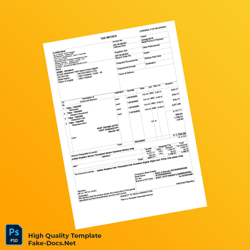 India AVSECHAN Invoice Template in Word and PDF formats India AVSECHAN Invoice Template in Word and PDF formats
