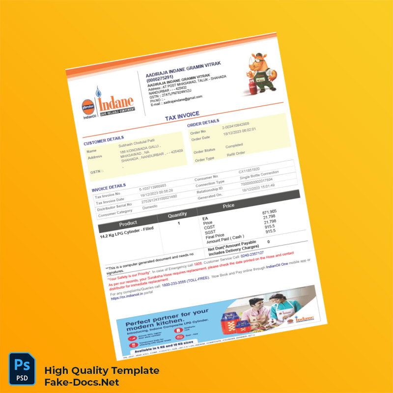 India Aadiraja Indane Gramin Vitrak Tax Invoice Template in Word and PDF formats 2 page India Aadiraja Indane Gramin Vitrak Tax Invoice Template in Word and PDF formats 2 page