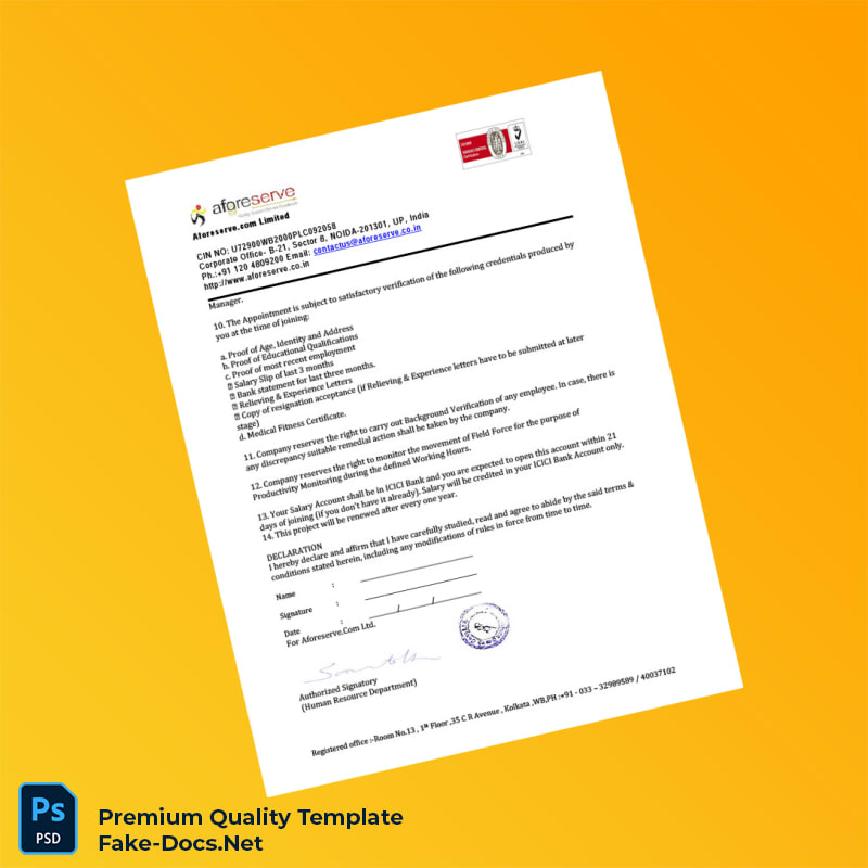 India Aforeserve com Limited Employment Verification Letter Template (Word & PDF) 4 page India Aforeserve com Limited Employment Verification Letter Template (Word & PDF) 4 page