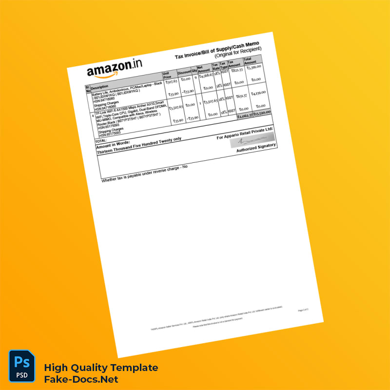 India Amazon Invoice Template in Word and PDF formats 5 page India Amazon Invoice Template in Word and PDF formats 5 page