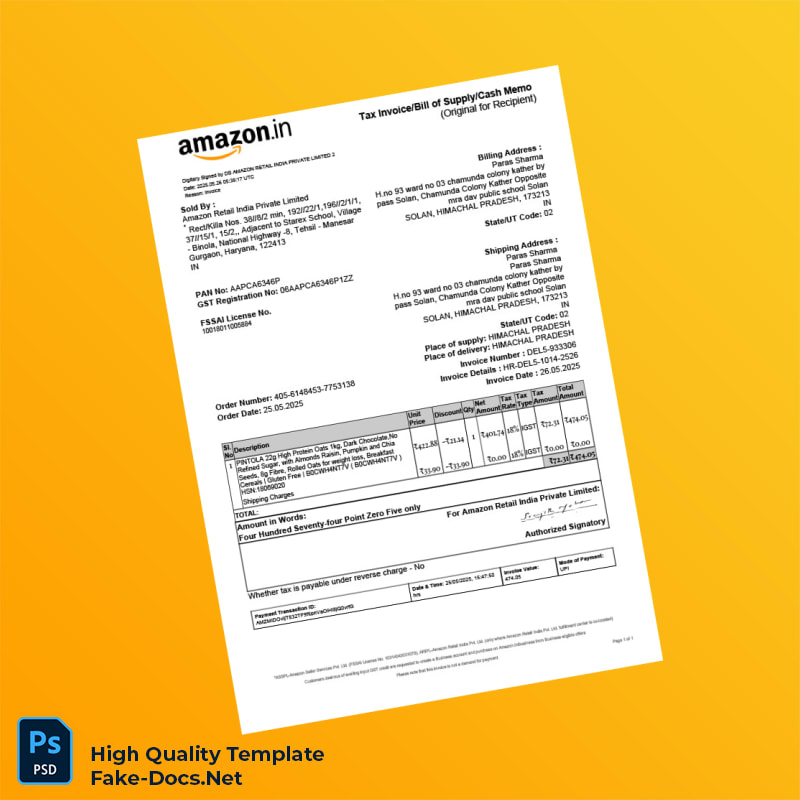 India Amazon Retail India Private Limited Tax Invoice Template in Word and PDF formats India Amazon Retail India Private Limited Tax Invoice Template in Word and PDF formats