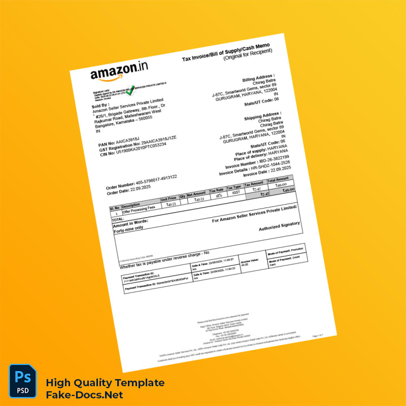 India Amazon Seller Services Invoice Template in Word and PDF formats 2 page India Amazon Seller Services Invoice Template in Word and PDF formats 2 page