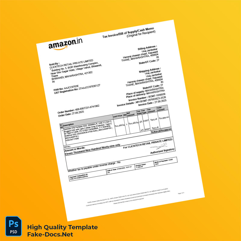India Amazon Seller Services Private Limited Invoice Template in Word and PDF formats 2 page India Amazon Seller Services Private Limited Invoice Template in Word and PDF formats 2 page