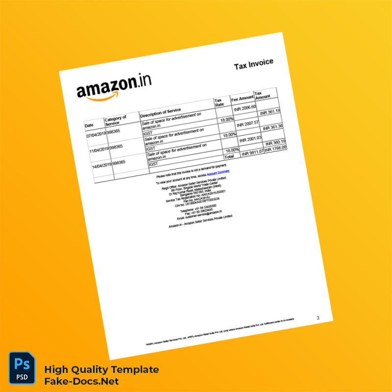 India Amazon Seller Services Private Limited Tax Invoice Template in Word and PDF formats 2 page India Amazon Seller Services Private Limited Tax Invoice Template in Word and PDF formats 2 page