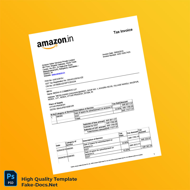 India Amazon Seller Services Private Limited Tax Invoice Template in Word and PDF formats 2 page India Amazon Seller Services Private Limited Tax Invoice Template in Word and PDF formats 2 page