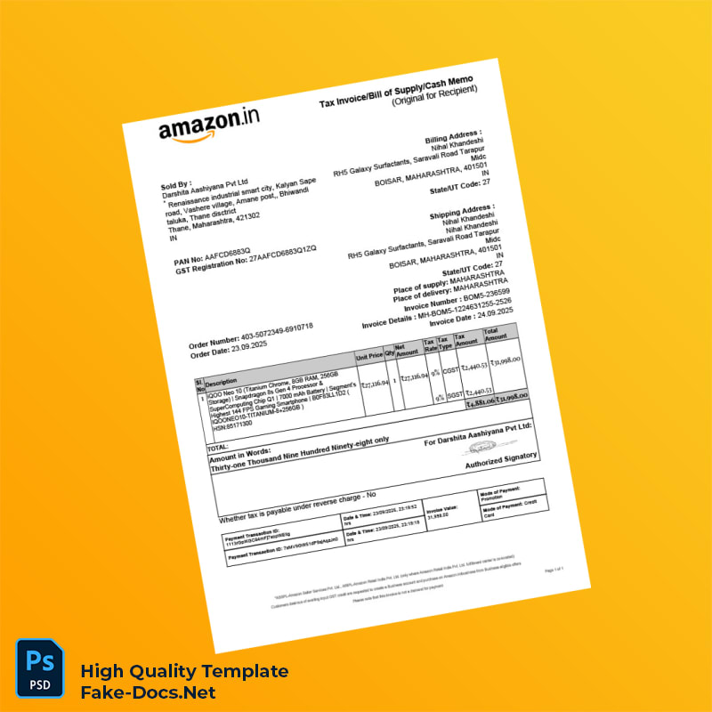 India Amazon Seller Services Pvt Ltd Invoice Template in Word and PDF formats 2 page India Amazon Seller Services Pvt Ltd Invoice Template in Word and PDF formats 2 page