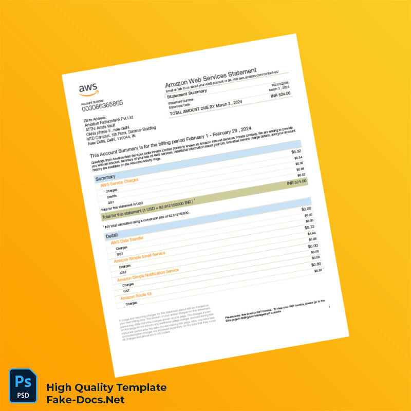 India Amazon Web Services Invoice Template in Word and PDF formats 2 page India Amazon Web Services Invoice Template in Word and PDF formats 2 page