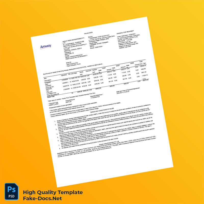 India Amway India Enterprises Pvt Ltd Invoice Template in Word and PDF formats India Amway India Enterprises Pvt Ltd Invoice Template in Word and PDF formats