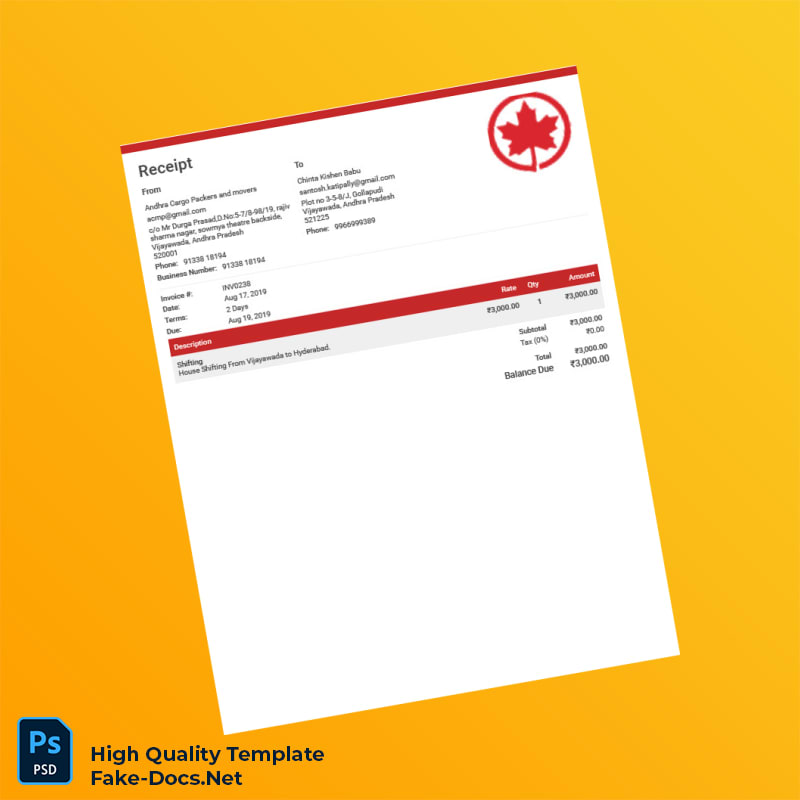 India Andhra Cargo Packers and Movers Invoice Template in Word and PDF formats India Andhra Cargo Packers and Movers Invoice Template in Word and PDF formats