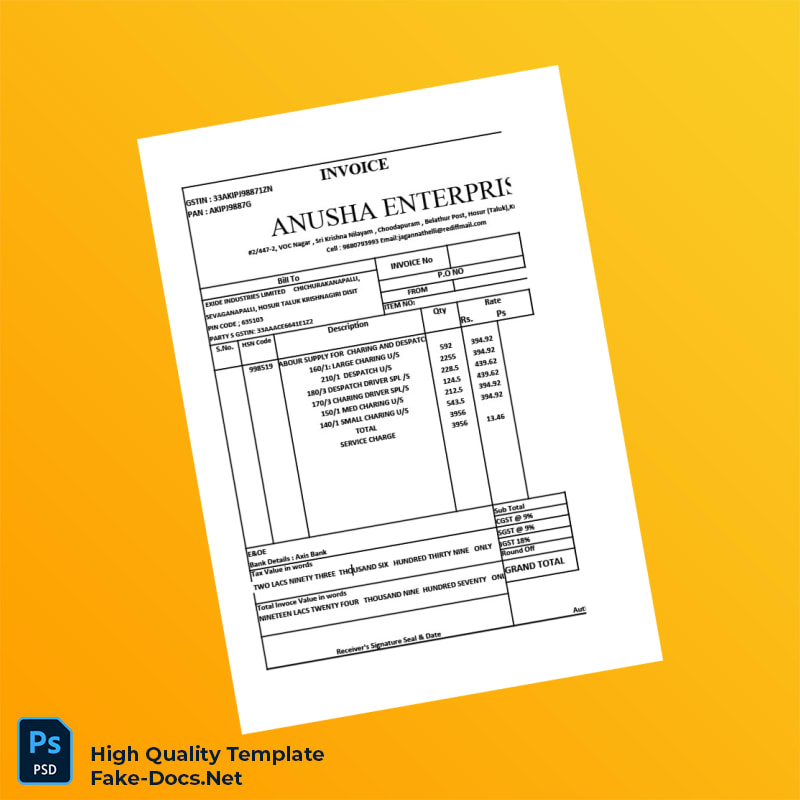 India Anusha Enterprises Invoice Template in Word and PDF formats 2 page India Anusha Enterprises Invoice Template in Word and PDF formats 2 page