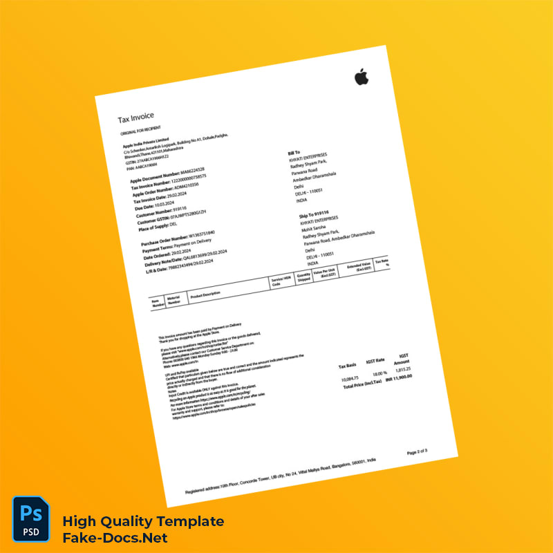 India Apple India Private Limited Invoice Template in Word and PDF formats 3 page India Apple India Private Limited Invoice Template in Word and PDF formats 3 page