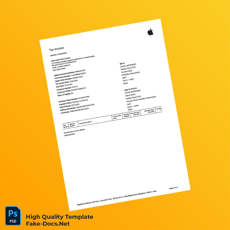 India Apple India Private Limited Invoice Template in Word and PDF formats 3 page India Apple India Private Limited Invoice Template in Word and PDF formats 3 page