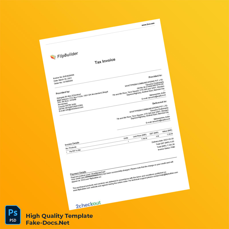 India Avangate BV dba 2Checkout Tax Invoice Template in Word and PDF formats 2 page India Avangate BV dba 2Checkout Tax Invoice Template in Word and PDF formats 2 page