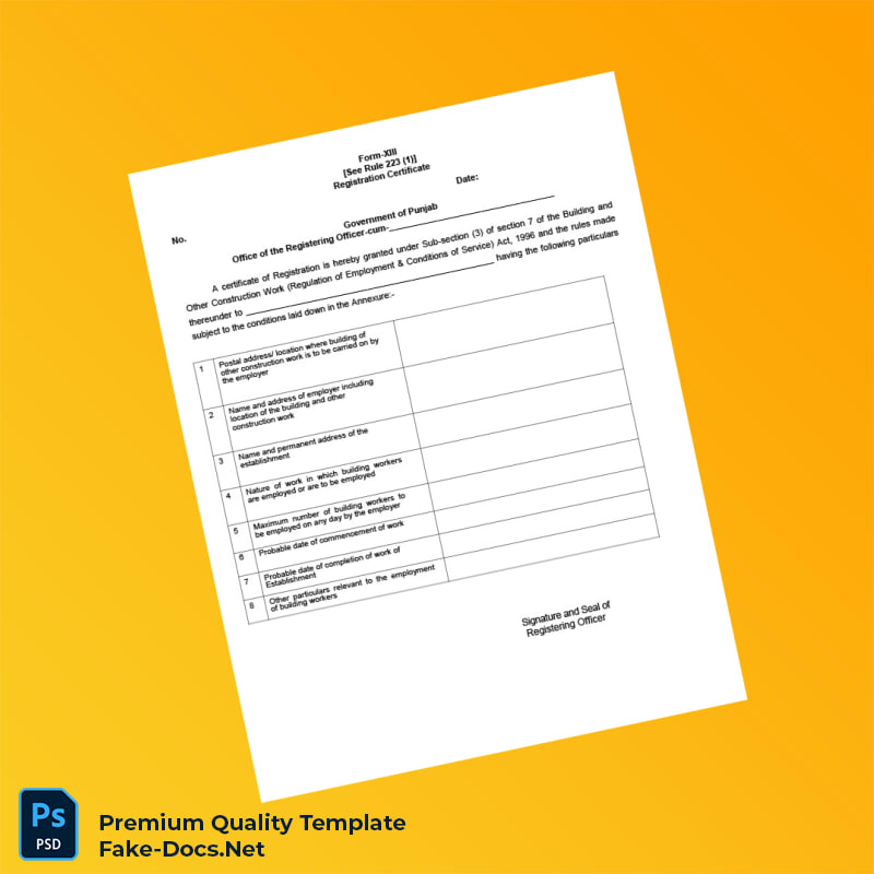 India BOCW Authority Editable Registration Certificate Template (Word & PDF) 7 page India BOCW Authority Editable Registration Certificate Template (Word & PDF) 7 page
