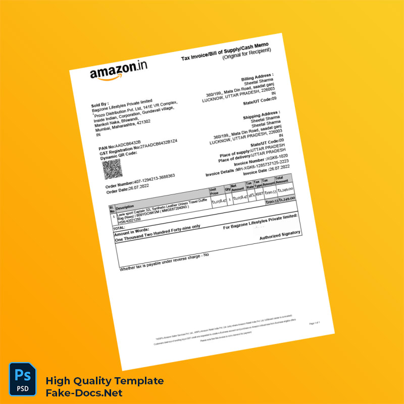 India Bagzone Lifestyles Private Limited Tax Invoice Template in Word and PDF formats India Bagzone Lifestyles Private Limited Tax Invoice Template in Word and PDF formats
