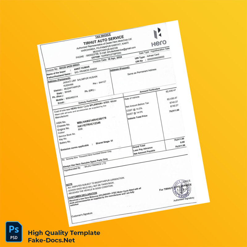 India Bajaj Finance Invoice Template in Word and PDF formats India Bajaj Finance Invoice Template in Word and PDF formats