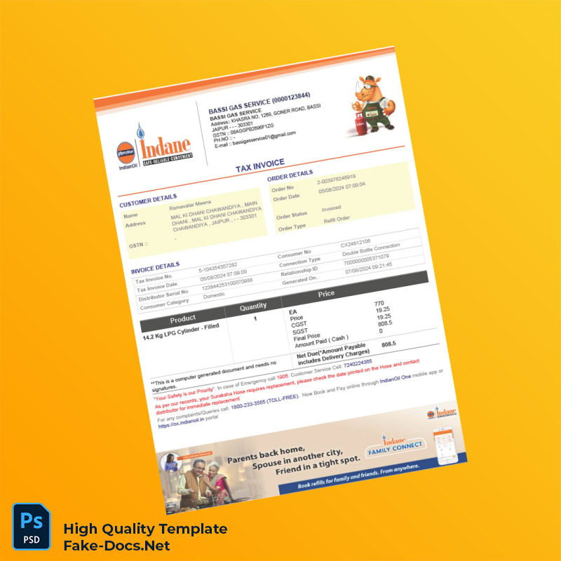 India Bassi Gas Service Tax Invoice Template in Word and PDF formats 2 page India Bassi Gas Service Tax Invoice Template in Word and PDF formats 2 page